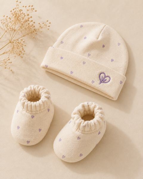 Gorro e botinhas Ternurinhas com bordado de coração