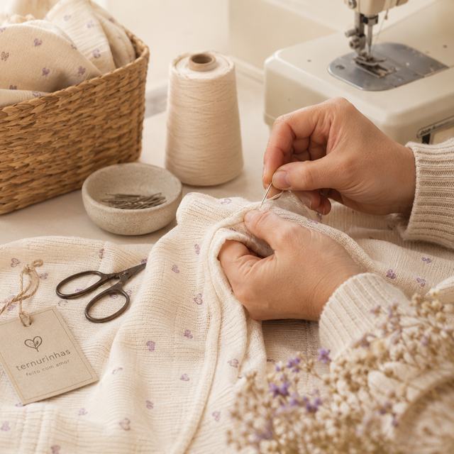 Mãos a coser à mão uma peça de vestuário de bebé em algodão, com a etiqueta Ternurinhas